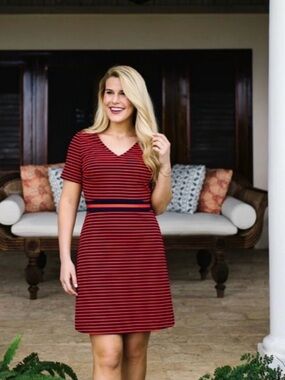 Like New! Draper James Red and Navy Striped Short-Sleeve Shift Dress